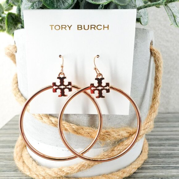 Tory Burch Stacked T Logo Hoop Earrings Rose Gold OS - Picture 8 of 9